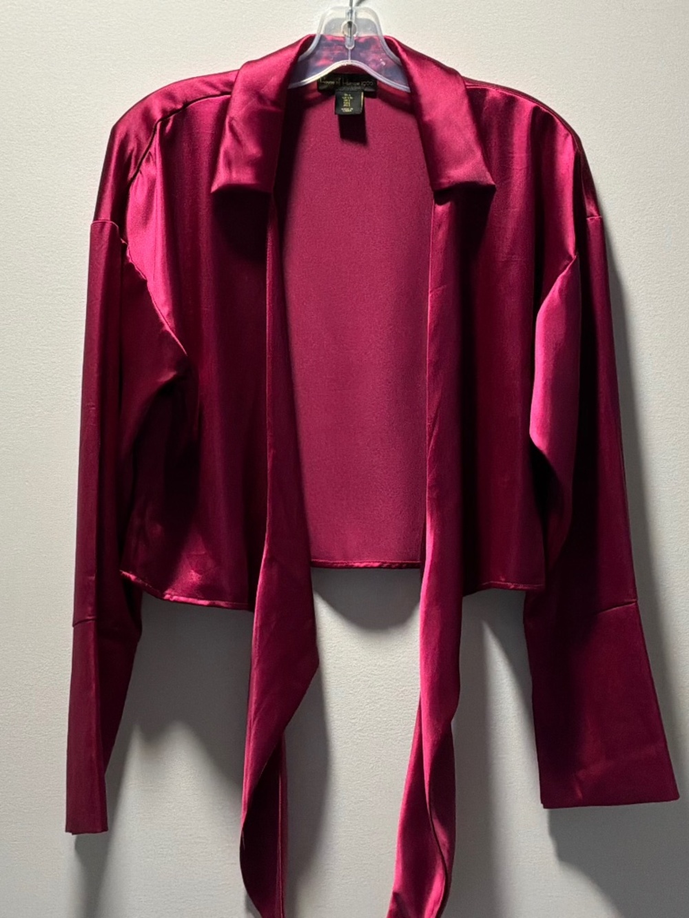 House of Harlow 1960 Fuchsia Pink Satin Tie Front Crop Blouse Shirt Top - Size L